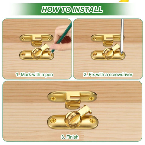 Installation steps for a gold latch showing marking, screwing, and finished placement on a wooden surface.