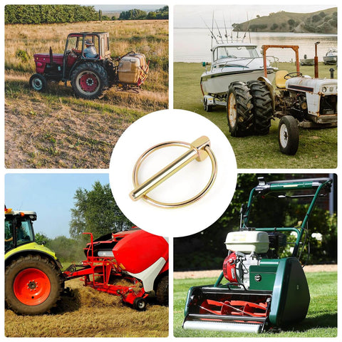 4 Pack Heavy Duty Stainless Steel Gold Lynch Pins With Ring For Trucks Tractors Trolleys Lawn Mowers And Trailers One Quarter Inch By One And Three Quarter Inch Zinc Coated Six Millimeter By Forty Five Millimeter Corrosion Resistant shown with tractor and lawn equipment