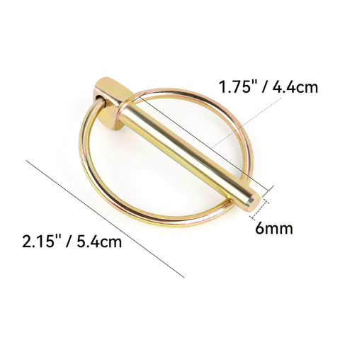 4 Pack Heavy Duty Stainless Steel Gold Lynch Pins With Ring For Trucks Tractors Trolleys Lawn Mowers And Trailers One Quarter Inch By One And Three Quarter Inch Zinc Coated Six Millimeter By Forty Five Millimeter Corrosion Resistant, shown with dimensions