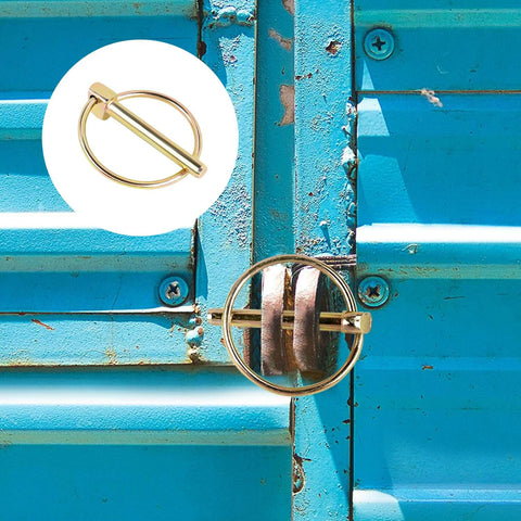 4 Pack Heavy Duty Stainless Steel Gold Lynch Pins With Ring For Trucks Tractors Trolleys Lawn Mowers And Trailers One Quarter Inch By One And Three Quarter Inch Zinc Coated Six Millimeter By Forty Five Millimeter Corrosion Resistant installed on blue metal surface
