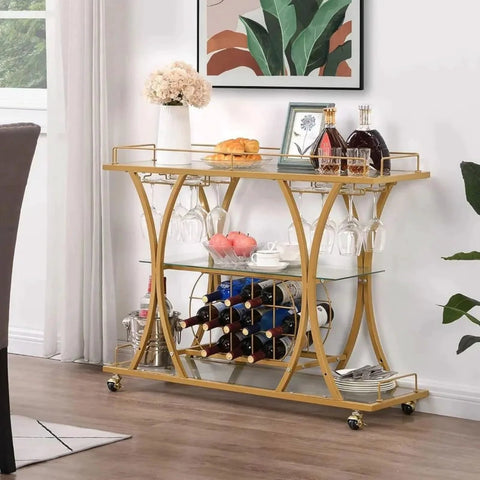 Two Inch Ball Caster Wheels Set Of Four With Five Sixteenth By One And One Half Inch Metal Sockets Antique Gold Finish Polyurethane Wheels For Quiet Rolling Replacement For Sofa Chair And Cabinet Furniture DIY Repair installed on a gold bar cart.