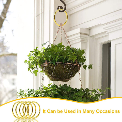 Hanging plant basket supported by gold metal O ring from set 60 pcs in 6 sizes for multipurpose DIY projects.
