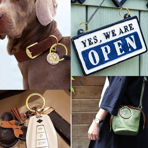 Gold Metal O Rings Set 60 Pcs In 6 Sizes Multi Purpose Buckle Loop Rings For Hardware Bags DIY Keychains Belts Craft Projects 15mm 20mm 25mm 32mm 38mm 50mm in use on dog collar, open sign, keychain, and purse.