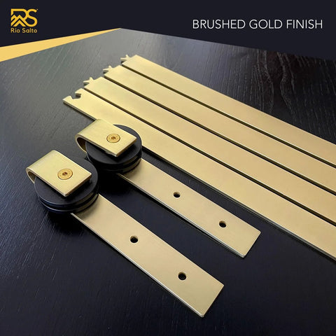 Gold Mini Barn Door Hardware Kit 7Ft Track With Handles For Double Doors And Cabinets, brushed gold finish displaying rails and rollers
