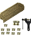 Gold 420 Motorcycle Chain 132 Link Standard Roller Chain With Chain Breaker And 10 Master Links For 100cc 110cc 125cc Dirt Pit Bike ATV Quad Go Kart Scooter By LKSM Built Tough From High Tensile Steel With Gold Plated Finish For Superior Corrosion