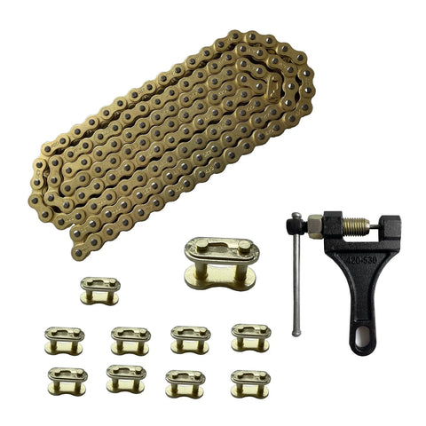 Gold 420 Motorcycle Chain 132 Link Standard Roller Chain With Chain Breaker And 10 Master Links For 100cc 110cc 125cc Dirt Pit Bike ATV Quad Go Kart Scooter By LKSM Built Tough From High Tensile Steel With Gold Plated Finish For Superior Corrosion