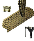 Gold 420 Motorcycle Chain 132 Link Standard Roller Chain With Chain Breaker And 10 Master Links For 100cc 110cc 125cc Dirt Pit Bike ATV Quad Go Kart Scooter By LKSM Built Tough From High Tensile Steel With Gold Plated Finish For Superior Corrosion