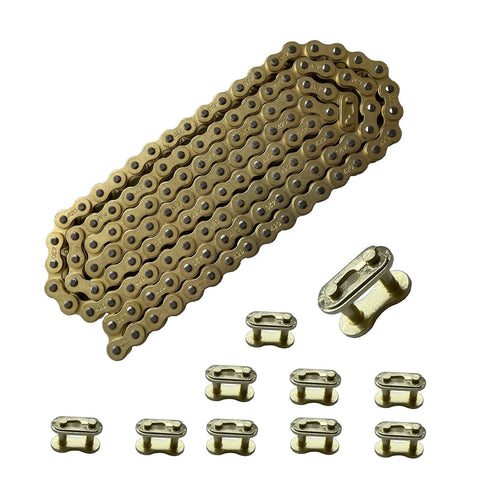 Gold 420 Motorcycle Chain 132 Link Standard Roller Chain With Chain Breaker And 10 Master Links For 100cc 110cc 125cc Dirt Pit Bike ATV Quad Go Kart Scooter By LKSM Built Tough From High Tensile Steel With Gold Plated Finish For Superior Corrosion.