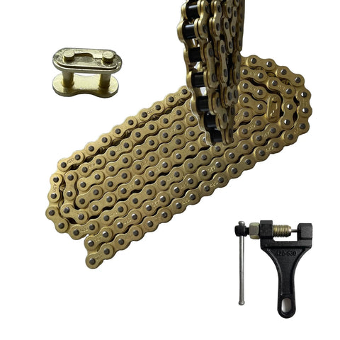 Heavy Duty 420 Motorcycle Chain Kit With 132 Link Standard Chain Breaker And 10 Master Links for off-road bikes, chain and tools shown.