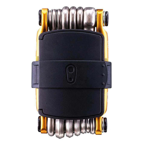Top view of M20 Gold Bicycle Multi Tool With Hex Wrenches Two To Eight Millimeter Open Wrench Spoke Wrenches Phillips And Flathead Screwdrivers