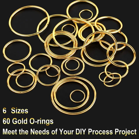 Gold Metal O Rings Set 60 Pcs In 6 Sizes Multi Purpose Buckle Loop Rings For Hardware Bags DIY Keychains Belts Craft Projects 15mm 20mm