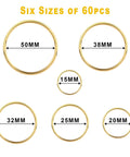 Gold Metal O Rings Set 60 Pcs In 6 Sizes Multi Purpose Buckle Loop Rings For Hardware Bags DIY Keychains Belts Craft Projects 15mm 20mm 25mm 32mm 38mm 50mm