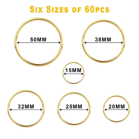 Gold Metal O Rings Set 60 Pcs In 6 Sizes Multi Purpose Buckle Loop Rings For Hardware Bags DIY Keychains Belts Craft Projects 15mm 20mm 25mm 32mm 38mm 50mm