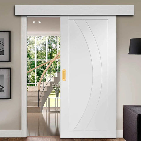 6 Inch Gold Recessed Finger Flush Pulls for Pocket Doors and Closet Doors, installed on white sliding barn door