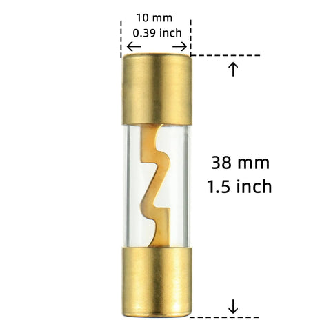 Close-up of Inline 4-8 Gauge AWG Fuse Holder with 100 Amp AGU Fuses, gold plated metal, transparent polycarbonate shell, 38mm x 10mm.