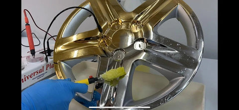 Chrome Plating Kit With Brush System 24K Gold Solution Three Step Process Removes Chrome Activates Nickel Plate And Applies Real 24K Gold Finish on wheel rim.
