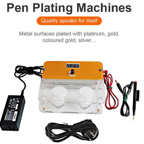 Gold Plating Kit For Jewelry With Electroplating Pen Lightweight Portable Plating Tool Set For Gold Silver Rose Gold And Nickel Plating Includes Electroplating Solutions with visible power cords and pen.
