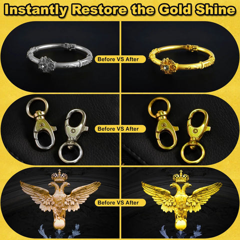 Before and after results using Premium 24K Gold Plating Solution for jewelry restoration, shown on bracelet, clasp, and decorative piece.