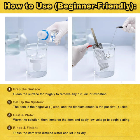 Steps for using Premium 24K Gold Plating Solution For Bath Immersion Plating And Jewelry Restorations, with high purity formula.