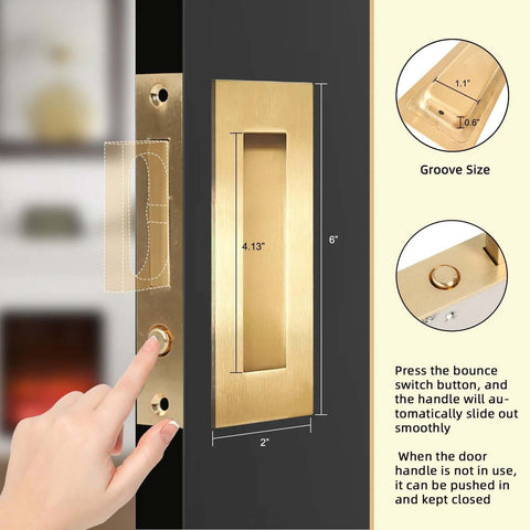 Pocket Door Edge Pull And Recessed Finger Flush Pull In Gold Finish Hidden Door Handle Set with Push Auto Bounce Switch six inch long