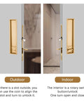 Privacy Handle With Hidden Pull And Recessed Latch For Thick Wooden Doors, Rectangular Gold Finish, outdoor and indoor view