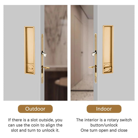 Privacy Handle With Hidden Pull And Recessed Latch For Thick Wooden Doors, Rectangular Gold Finish, outdoor and indoor view