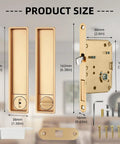 Privacy Handle With Hidden Pull And Recessed Latch For Thick Wooden Doors, Rectangular Gold Finish, product size diagram