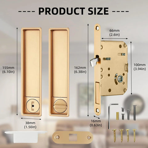 Privacy Handle With Hidden Pull And Recessed Latch For Thick Wooden Doors, Rectangular Gold Finish, product size diagram