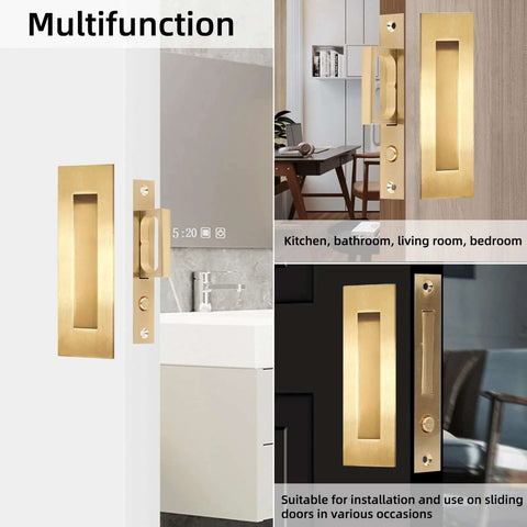 Pocket Door Edge Pull And Recessed Finger Flush Pull In Gold Finish Hidden Door Handle Set With Push Auto Bounce Switch Six Inch Long Embedded Installation Large Comfortable Handle Durable Hardware For Pocket Doors installed view in home interiors.