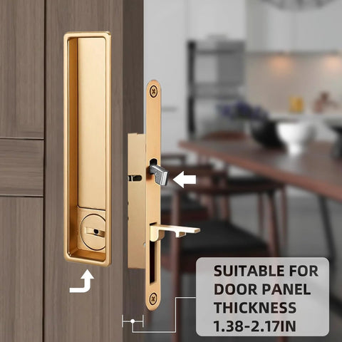 Privacy Handle With Hidden Pull And Recessed Latch For Thick Wooden Doors, Rectangular Gold Finish, Zinc Alloy, Installed