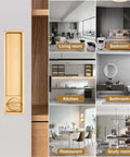 Privacy Handle With Hidden Pull And Recessed Latch For Thick Wooden Doors in gold finish, shown on sliding door, home interiors visible