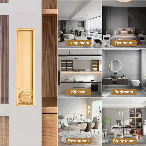 Privacy Handle With Hidden Pull And Recessed Latch For Thick Wooden Doors in gold finish, shown on sliding door, home interiors visible