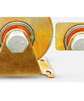 Close-up of gold heavy-duty pulley wheel, 60mm for industrial machines, showing double bearing and sheave directional track roller.