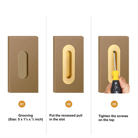 Installation process for 6 Inch Gold Recessed Finger Flush Pulls for Pocket Doors and Closet Doors, Sliding Barn Door Handle Hardware