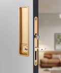 Privacy Handle With Hidden Pull And Recessed Latch For Thick Wooden Doors in gold finish on a door