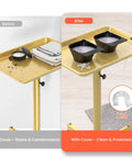 Before and after of Gold Rolling Salon Cart On Wheels Mobile Styling Station For Hairstylists Aluminum Tray Cart Adjustable Height Spacious Top Surface With Locking Casters Includes 10 Disposable Salon Tray Covers showing a clean, protected surface with covers.