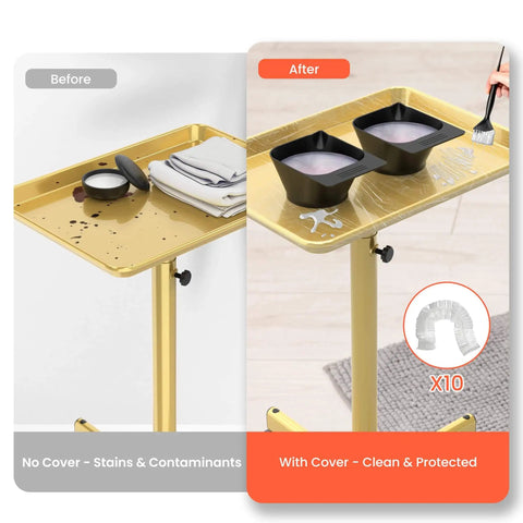 Before and after of Gold Rolling Salon Cart On Wheels Mobile Styling Station For Hairstylists Aluminum Tray Cart Adjustable Height Spacious Top Surface With Locking Casters Includes 10 Disposable Salon Tray Covers showing a clean, protected surface with covers.