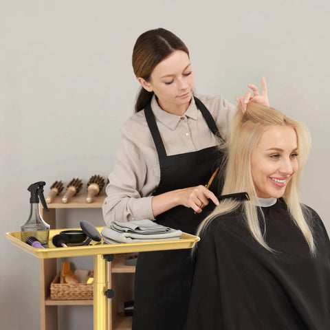 Gold Rolling Salon Cart On Wheels Mobile Styling Station For Hairstylists Aluminum Tray Cart Adjustable Height Spacious Top Surface