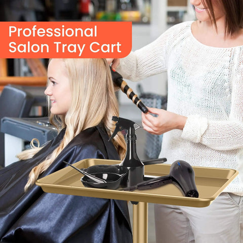 Gold Aluminum Salon Rolling Tray On Wheels With Adjustable Height For Hairstylists Ample Storage For Hair Tools