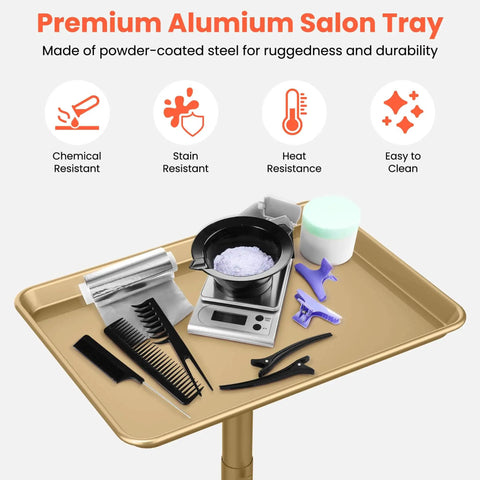 Gold Aluminum Salon Rolling Tray On Wheels With Adjustable Height For Hairstylists Ample Storage For Hair Tools Tattoo Equipment And Clinic Use Premium Trolley with tools