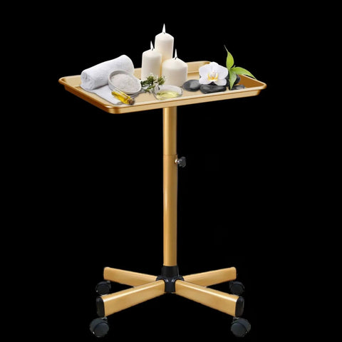 Premium Aluminum Salon Tray With Adjustable Height From 26 To 43 Inches On Wheels, Corrosion Resistant Mobile Tool Tray For Beauty Spa And Dental Clinics, Gold Finish With Four 360 Degree Rotating Casters.
