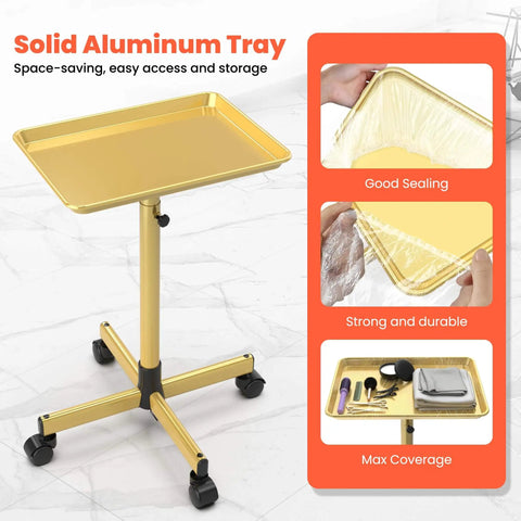 Gold Rolling Salon Cart On Wheels Mobile Styling Station For Hairstylists Aluminum Tray Cart Adjustable Height Spacious Top Surface With Locking Casters Includes 10 Disposable Salon Tray Covers