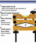 Scope Leveling Kit With Magnetic Bubble Levels For Precise Alignment On Cylindrical Tubes Gold Barrel Clamp Easy Clamp Built To Last Pro Grade High Precision Leveling Tool For Riflescopes And Tubed Gear With Stable Reference Level, showing adjustable gold aluminum barrel clamp with magnetic bubble level and anodized finish.