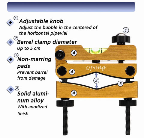 Scope Leveling Kit With Magnetic Bubble Levels For Precise Alignment On Cylindrical Tubes Gold Barrel Clamp Easy Clamp Built To Last Pro Grade High Precision Leveling Tool For Riflescopes And Tubed Gear With Stable Reference Level, showing adjustable gold aluminum barrel clamp with magnetic bubble level and anodized finish.