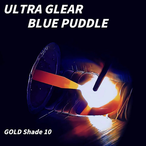 Welding example using Shade 10 Auto Darkening Welding Lens With Gold Coating, showing blue puddle view in sugar scoop hood