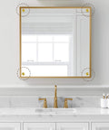 Stainless Steel Gold Sign Mounting Bracket Hardware Pack Of 8 For Wall Mounting Glass And Acrylic Signs shown holding a mirror above a sink