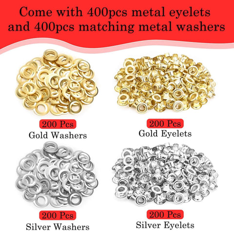 Gold and silver metal washers and eyelets, 200 pcs each, for crafting or repair, total 800 pcs