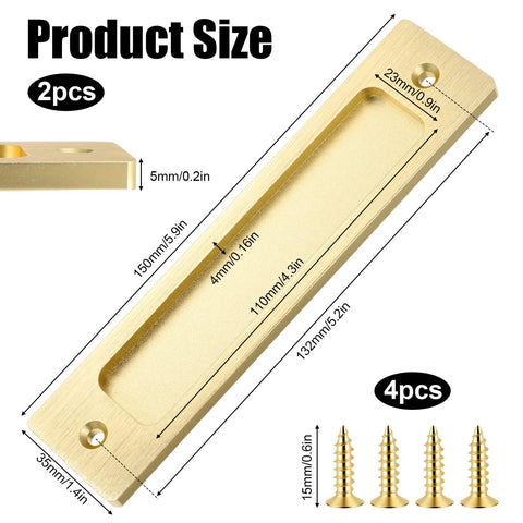 2 Piece Sliding Barn Door Closet Handles Set With Gold Coating, 6 Inch Rectangular Finger Pulls With Screws, flush mount style
