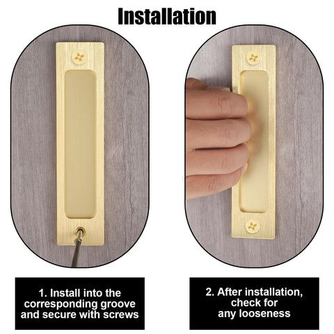 Installation guide for 2 Piece Sliding Barn Door Closet Handles Set With Gold Coating, flush mount cabinet pulls on wood surface.