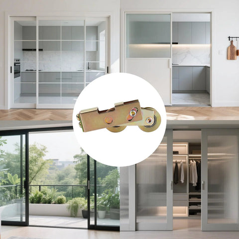 2 Pcs Gold Sliding Door Rollers With 1-1/4 Inch Tandem Wheels and Rear Adjustment for Patio Door Replacement, shown with doors.